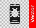 Black System bug on mobile icon isolated on transparent background. Code bug concept. Bug in the system. Bug searching Royalty Free Stock Photo