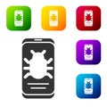 Black System bug on mobile icon isolated on white background. Code bug concept. Bug in the system. Bug searching. Set Royalty Free Stock Photo