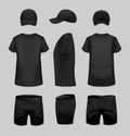 Black t-shirt, cap and shorts template in three dimentions. Royalty Free Stock Photo