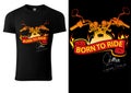 Black T-shirt Design with Motorcycle and Burning Banner