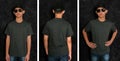 Black t-shirt mock up, front and back view. Teenage male model wear plain heather black shirt mockup. Tshirt design template