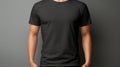 Black t shirt mockup template front view on light gray wall for design print studio