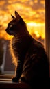 A black tabby cat positioned by a window, observing a sunset