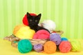 Black tabby kitten in basket of yarn Royalty Free Stock Photo