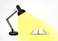 Black table lamp, a book and a pencil on the table. In the light of the lamp text Back to school Royalty Free Stock Photo