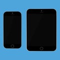 Black tablet and black smartphone with black screen on blue background vector eps10. Smartphone and mobile phone set icon. Royalty Free Stock Photo