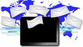 Black tablet with email symbols with blue world ma Royalty Free Stock Photo