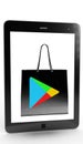 Black tablet with a shopping bag inside the screen with the google android playstore logo symbol