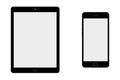 Black tablet and smartphone grey screen on blue background. smartphone and tablet with empty grey screen vector eps10.