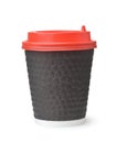 Black takeaway paper coffee cup with red plastic lid Royalty Free Stock Photo
