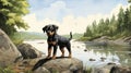 Black And Tan Rottweil Hound Standing On Rock And Water