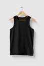 Black Tank Top Shirt mockup on wooden hanger isolated on light grey background front side view. Royalty Free Stock Photo