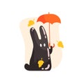 Black Tar Jelly Rabbit Shape Monster Holding Orange Umbrella Under Falling Yellow Leaves Outdoors In Autumn Season