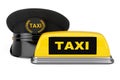 Black Taxi Driver Cap with Goldan Cockade and Taxi Sign near Yellow Taxi Roof Signboard. 3d Rendering