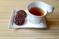 black tea, chocolate chip cookies , cinnamon, sugar, white Cup