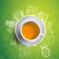 Black tea with circle ecology doodles. Sketched eco elements with cup of green tea, vector illustration