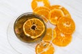 Black tea. Cup of tea with dried orange. Herbal tea with dried citrus. Black tea cup on white background