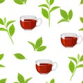 Black tea in glass cup with fresh green leaf isolated on white background. Seamless pattern. Royalty Free Stock Photo