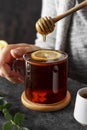 Black tea in glass cup, morning hot drink with lemon and honey Royalty Free Stock Photo