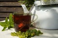 black tea glass cup white kettle table sunlight close-up Royalty Free Stock Photo