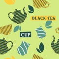 Black tea, pots and cups for hot beverage print Royalty Free Stock Photo