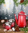 Black tea in Red cups on Winter background Vector realistic illustrations Royalty Free Stock Photo