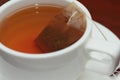 Black tea with tea bag in a white color cup macro Royalty Free Stock Photo