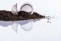 Black tea and tea strainer on white background. Royalty Free Stock Photo