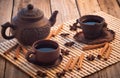 Black tea wooden table, black tea clay cups