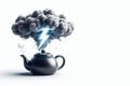 A black teapot with a thundercloud and lightning. Space for text. Royalty Free Stock Photo