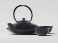 Black teapot with two cups. 3d rendering