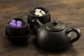 Black teapot, two cups, flowers. Menu, Royalty Free Stock Photo