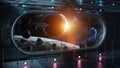 Black tech spaceship round window interior background 3D rendering Royalty Free Stock Photo