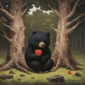 Black teddy bear with apple shaped red heart in the forest, next to dry trees. Heart as a symbol of affection and love Royalty Free Stock Photo