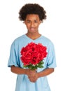 Black teen boy is giving flowers