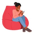 Black Teen Girl Character Engrossed In Her Smartphone, Fingers Scrolling the Screen, Navigating The Virtual World Royalty Free Stock Photo