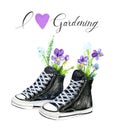 Black teenager sneakers with violets. Lettering I love Gardening