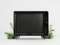 A black television sitting on top of a table next to a plant Royalty Free Stock Photo