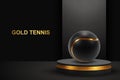 Black tennis ball with a golden line on the podium Royalty Free Stock Photo