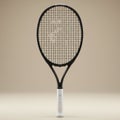 Black tennis racket with a circular head and tightly strung strings. The frame is Royalty Free Stock Photo