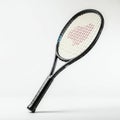 A black tennis racket with a white and red string pattern forms a heart shape at its Royalty Free Stock Photo