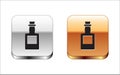 Black Tequila bottle icon isolated on white background. Mexican alcohol drink. Silver and gold square buttons. Vector