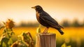 Glowing Blackbird Perched On Wooden Fence Post In Lush Cornfield