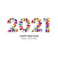 2021 black text with colorful light bulb vector. Happy new year and Merry Christmas greeting card