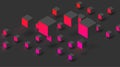 Black textured background with pink geometric 3d cubes pattern.