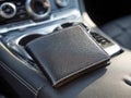 Black textured leather wallet resting on the center console of a modern luxury car with cup holders and dashboard controls in soft Royalty Free Stock Photo
