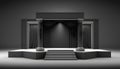 Black theater stage with black curtains and pedestal. Vector illustration.