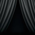 Black theatrical parted curtains with beautiful folds. Background with velvet curtain.