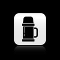 Black Thermos container icon isolated on black background. Thermo flask icon. Camping and hiking equipment. Silver