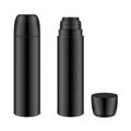 Black thermoses or Dewar bottles realistic design mockups set for your brand. Metal travel mugs